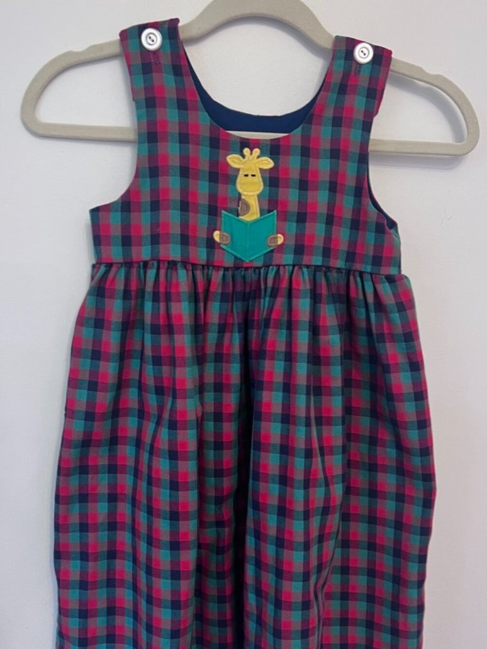 Vintage Kelly's Kids Plaid Jumper Dress - Giraffe Book Applique - Size 5
